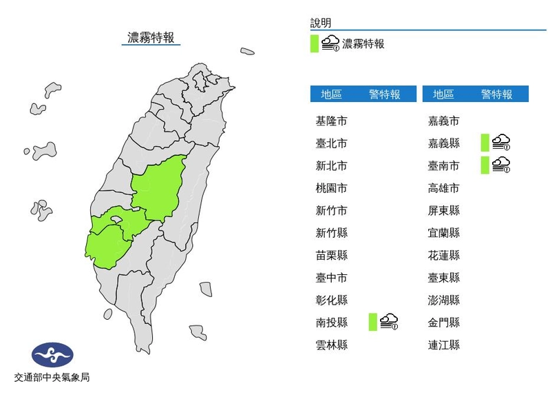 中央氣象局16上午發布濃霧特報|圖:翻攝自中央氣象局